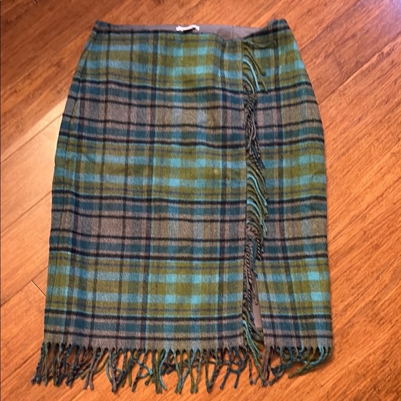 J. Jill Green and Blue Wrap Pencil Skirt - size 2P- fringe - wool blend - Picture 1 of 5